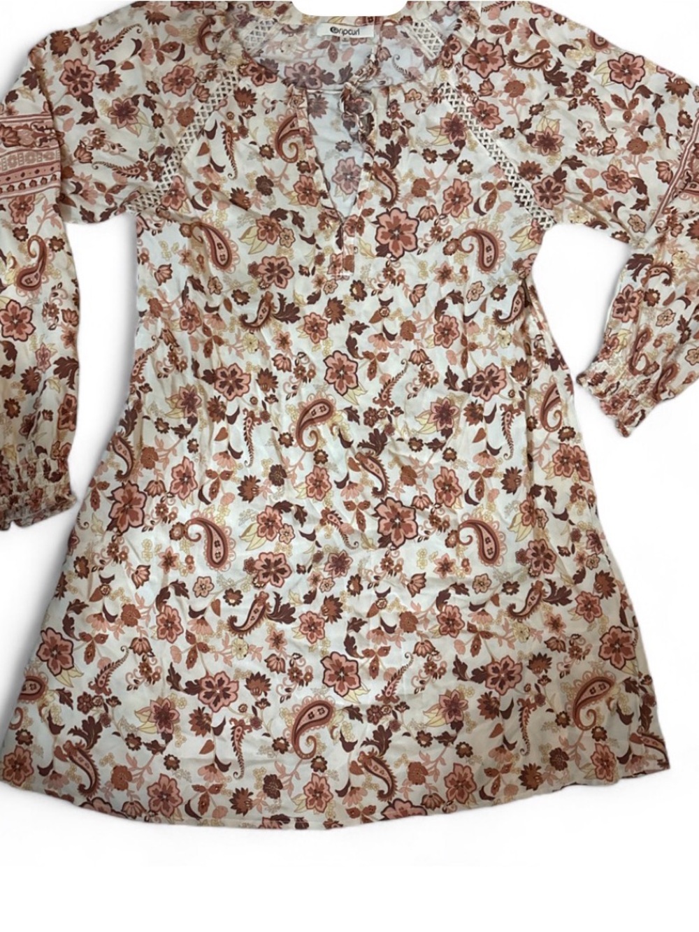 Rip Curl Cream Dress with Brown & Pink Floral Paisley Print